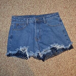 Blue Blush Denim Shorts with Netting Details